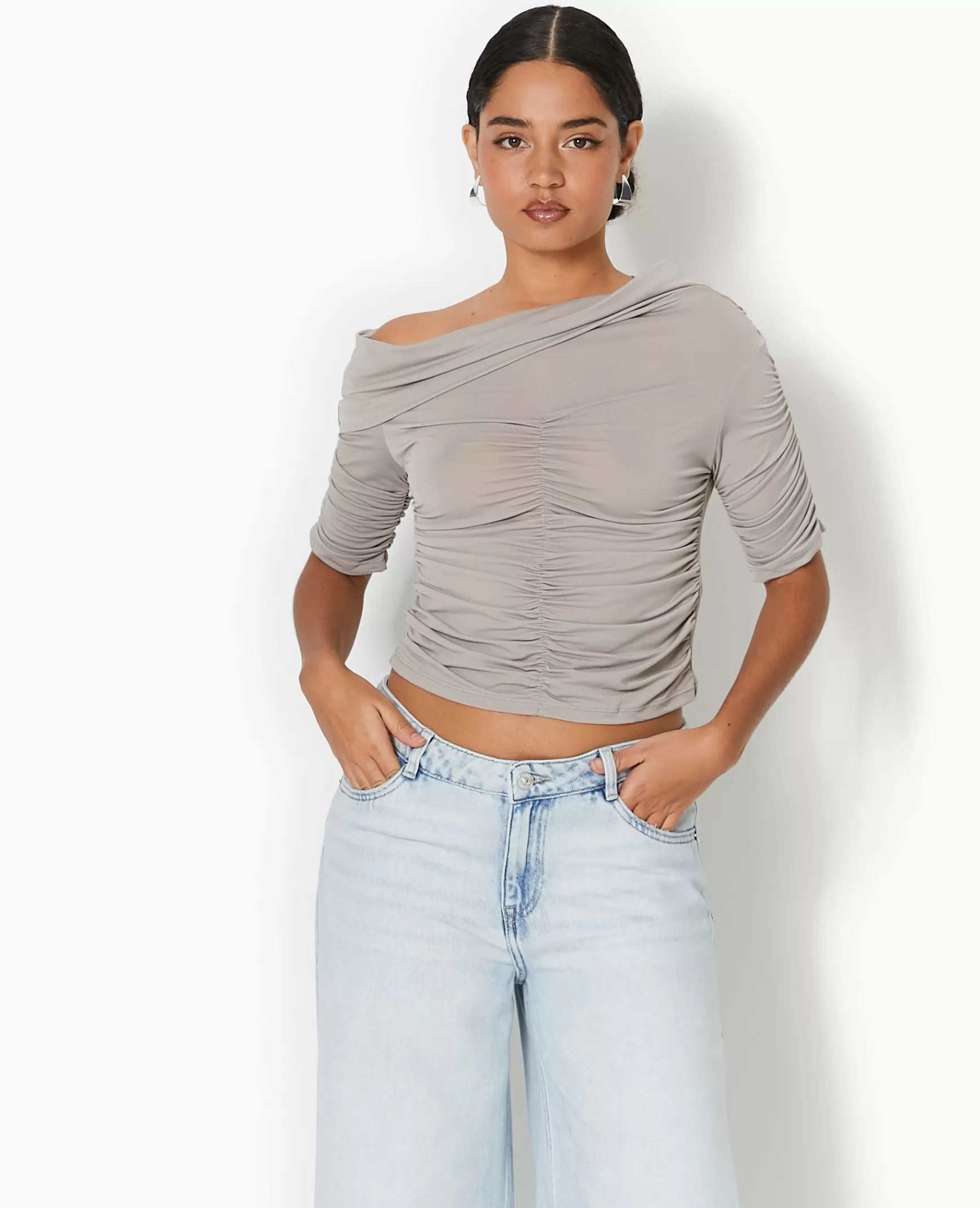 Pimkie Top avec fronces encolure Bardot - Gris Cheap