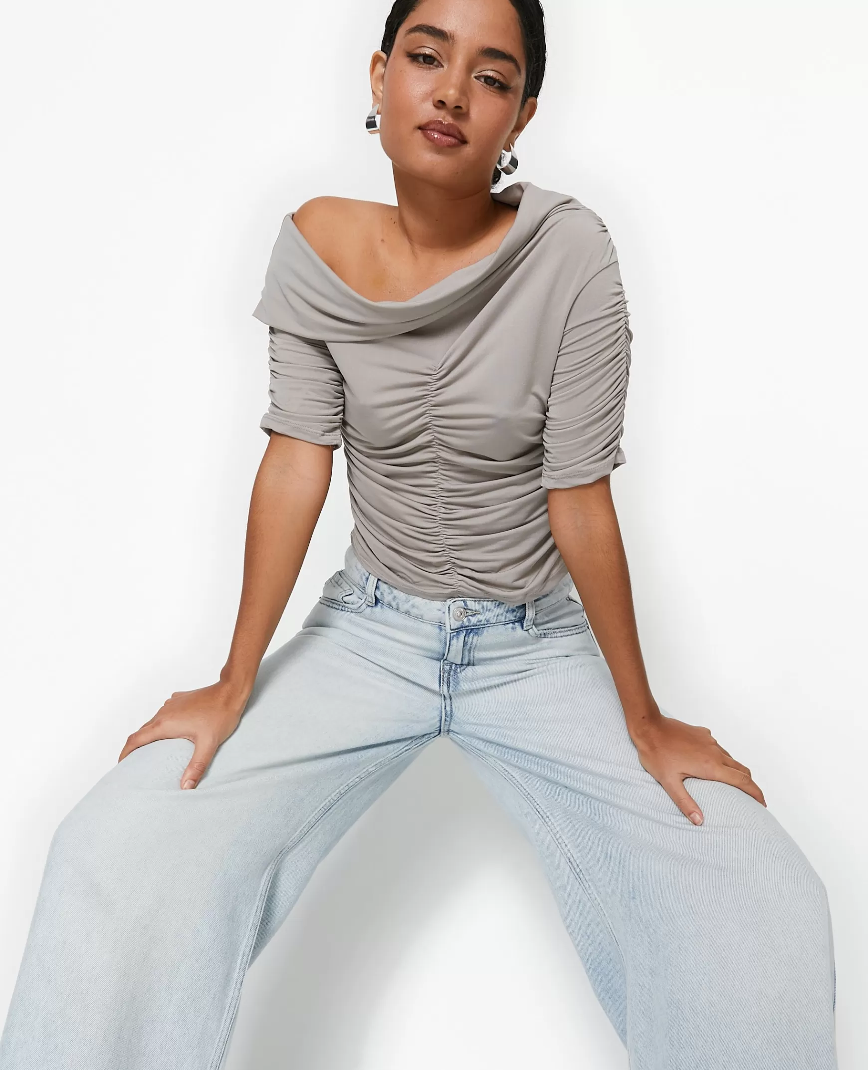 Pimkie Top avec fronces encolure Bardot - Gris Cheap